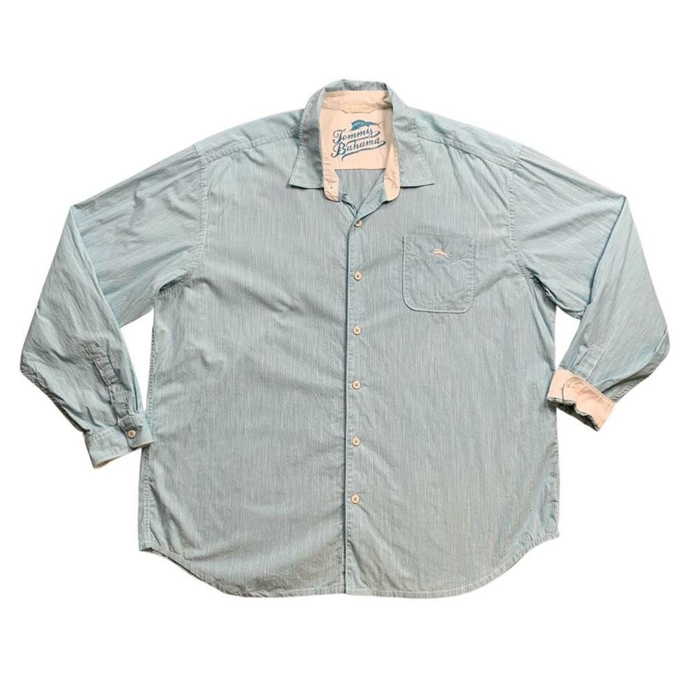Tommy Bahama Shirt Mens 2XL White Bahama Blue Cotton Flip Cuff Striped Button Up